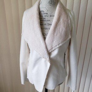 White faux fur and snakeskin jacket, zippered sleeves, zippered pockets, Medium